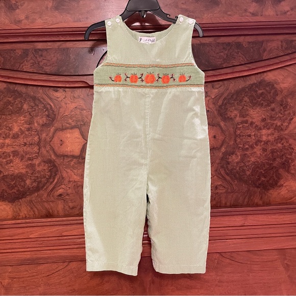 Royal Child 18M Smocked romper light green check/gingham pattern with pumpkins - Picture 8 of 13